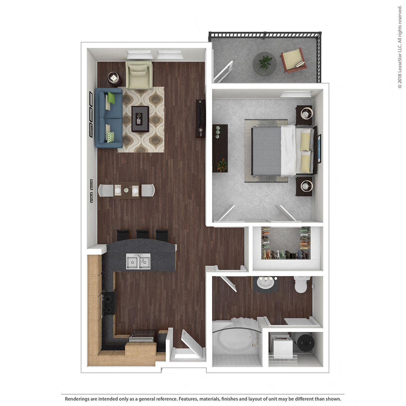 Floor plan for 1 bed, 1 bath, 660 sqft